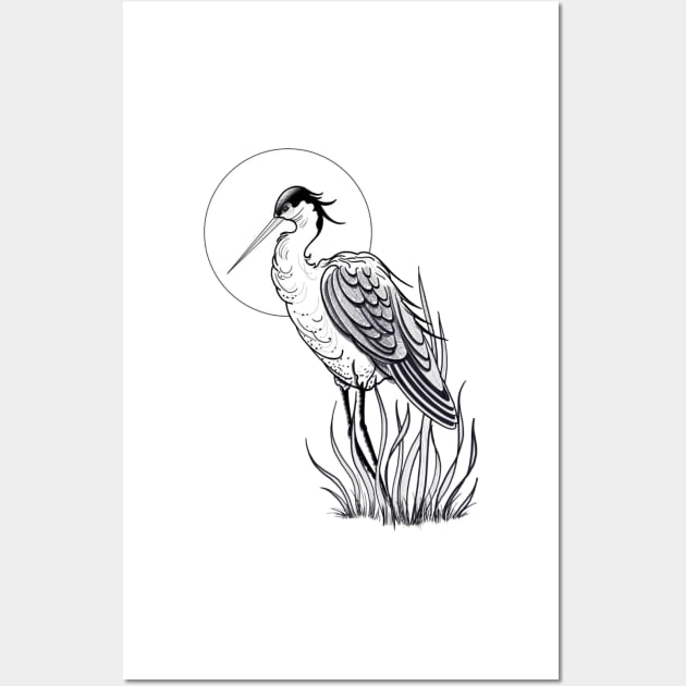 Crane tattoo style line drawing Wall Art by susyrdesign